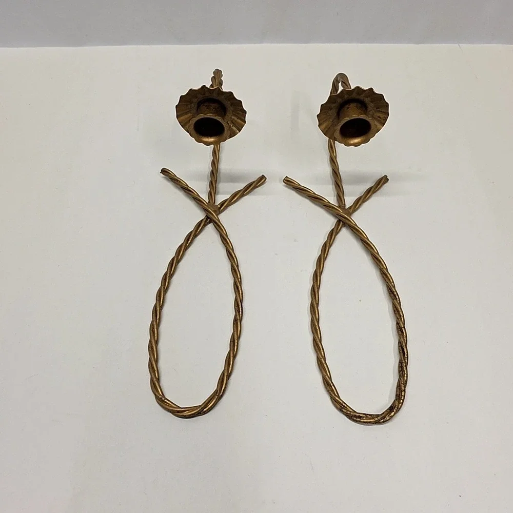 Vintage Wall Sconce Pair Gold Twisted Rope Metal Scalloped Set of 2